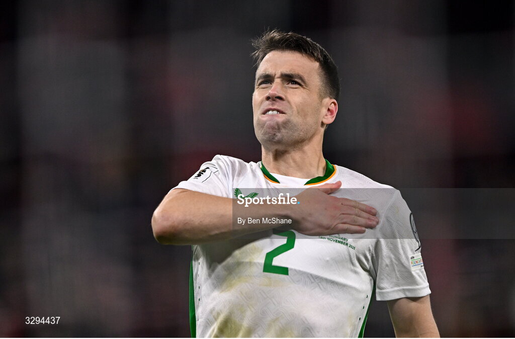 16 November 2025; Seamus Coleman of Republic of Ireland celebrates after the FIFA World Cup 2026 Group F Qualifier match between Hungary and Republic of Ireland at Puskás Aréna in Budapest, Hungary. Photo by Ben McShane/Sportsfile
