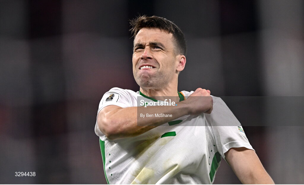 16 November 2025; Seamus Coleman of Republic of Ireland celebrates after the FIFA World Cup 2026 Group F Qualifier match between Hungary and Republic of Ireland at Puskás Aréna in Budapest, Hungary. Photo by Ben McShane/Sportsfile