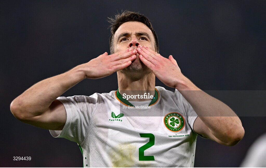 16 November 2025; Seamus Coleman of Republic of Ireland celebrates after the FIFA World Cup 2026 Group F Qualifier match between Hungary and Republic of Ireland at Puskás Aréna in Budapest, Hungary. Photo by Ben McShane/Sportsfile