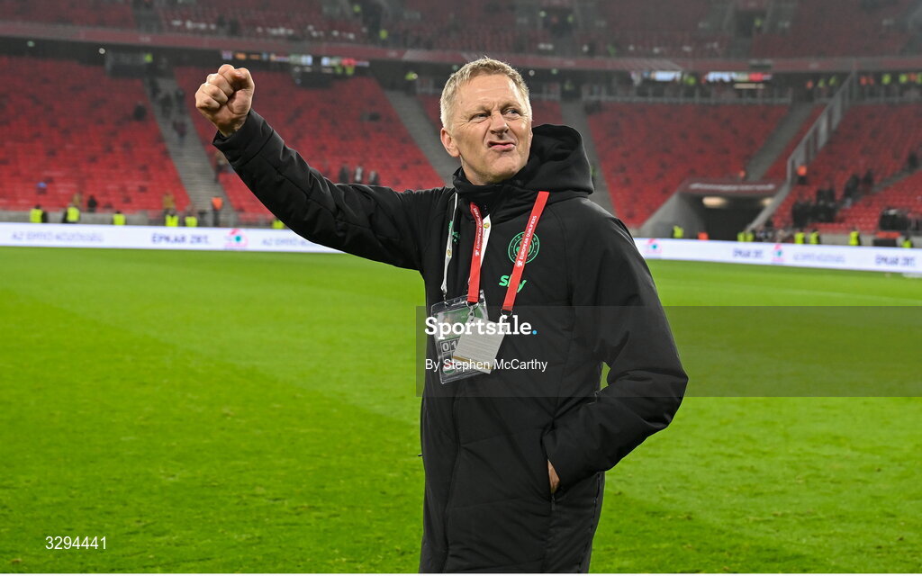 16 November 2025; Republic of Ireland head coach Heimir Hallgrimsson celebrates after the FIFA World Cup 2026 Group F Qualifier match between Hungary and Republic of Ireland at Puskás Aréna in Budapest, Hungary. Photo by Stephen McCarthy/Sportsfile