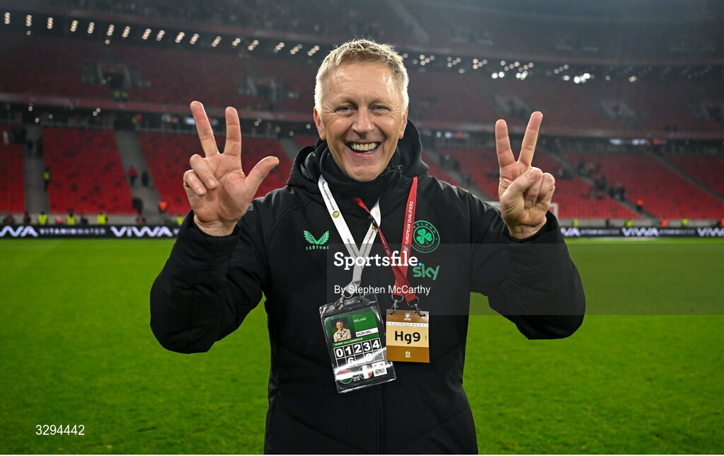 16 November 2025; Republic of Ireland head coach Heimir Hallgrimsson celebrates after the FIFA World Cup 2026 Group F Qualifier match between Hungary and Republic of Ireland at Puskás Aréna in Budapest, Hungary. Photo by Stephen McCarthy/Sportsfile