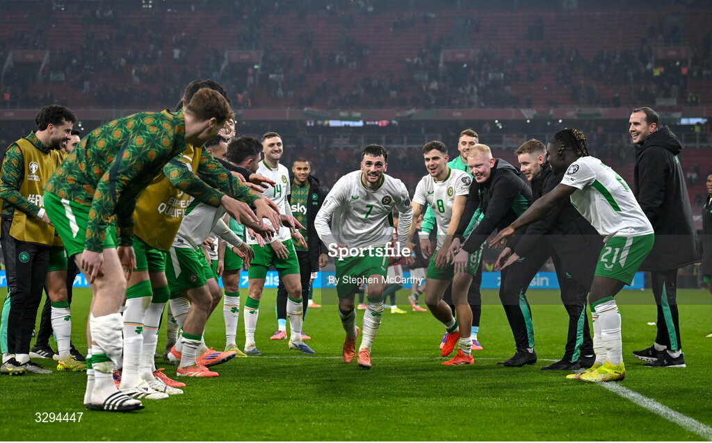 16 November 2025; Troy Parrott of Republic of Ireland celebrates with teammates after the FIFA World Cup 2026 Group F Qualifier match between Hungary and Republic of Ireland at Puskás Aréna in Budapest, Hungary. Photo by Stephen McCarthy/Sportsfile