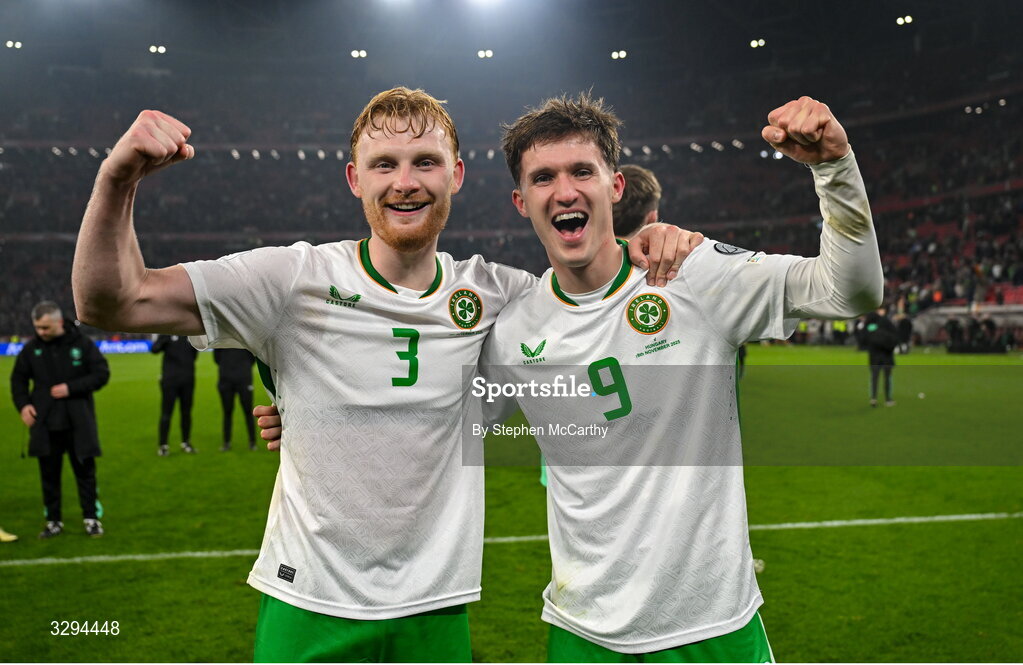 16 November 2025; Liam Scales, left, and Johnny Kenny of Republic of Ireland celebrate after the FIFA World Cup 2026 Group F Qualifier match between Hungary and Republic of Ireland at Puskás Aréna in Budapest, Hungary. Photo by Stephen McCarthy/Sportsfile