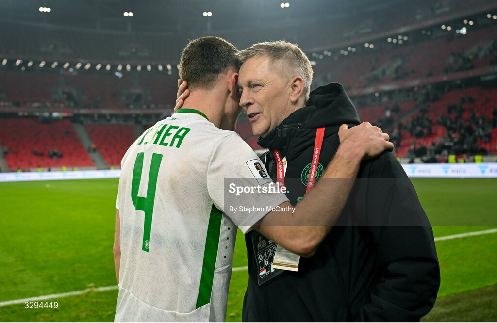 16 November 2025; Republic of Ireland head coach Heimir Hallgrimsson, right, and Dara O'Shea of Republic of Ireland after the FIFA World Cup 2026 Group F Qualifier match between Hungary and Republic of Ireland at Puskás Aréna in Budapest, Hungary. Photo by Stephen McCarthy/Sportsfile