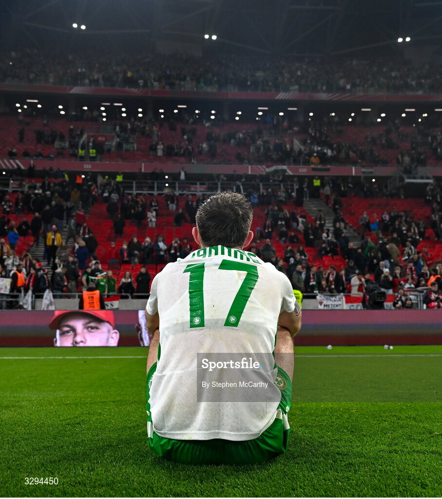 16 November 2025; Ryan Manning of Republic of Ireland after his side's victory in the FIFA World Cup 2026 Group F Qualifier match between Hungary and Republic of Ireland at Puskás Aréna in Budapest, Hungary. Photo by Stephen McCarthy/Sportsfile