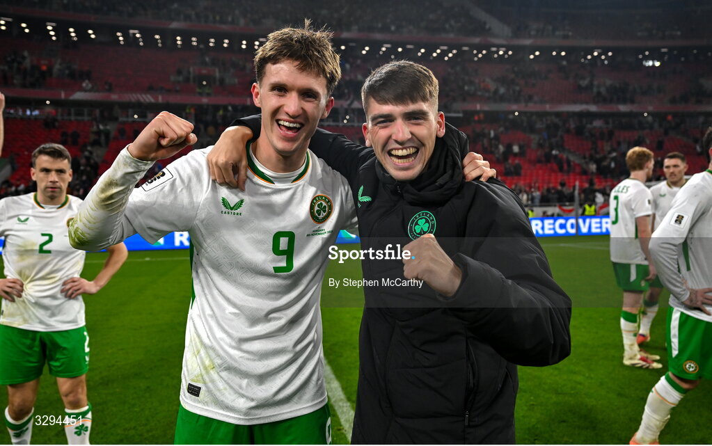 16 November 2025; Johnny Kenny, left, and Andrew Moran of Republic of Ireland after the FIFA World Cup 2026 Group F Qualifier match between Hungary and Republic of Ireland at Puskás Aréna in Budapest, Hungary. Photo by Stephen McCarthy/Sportsfile