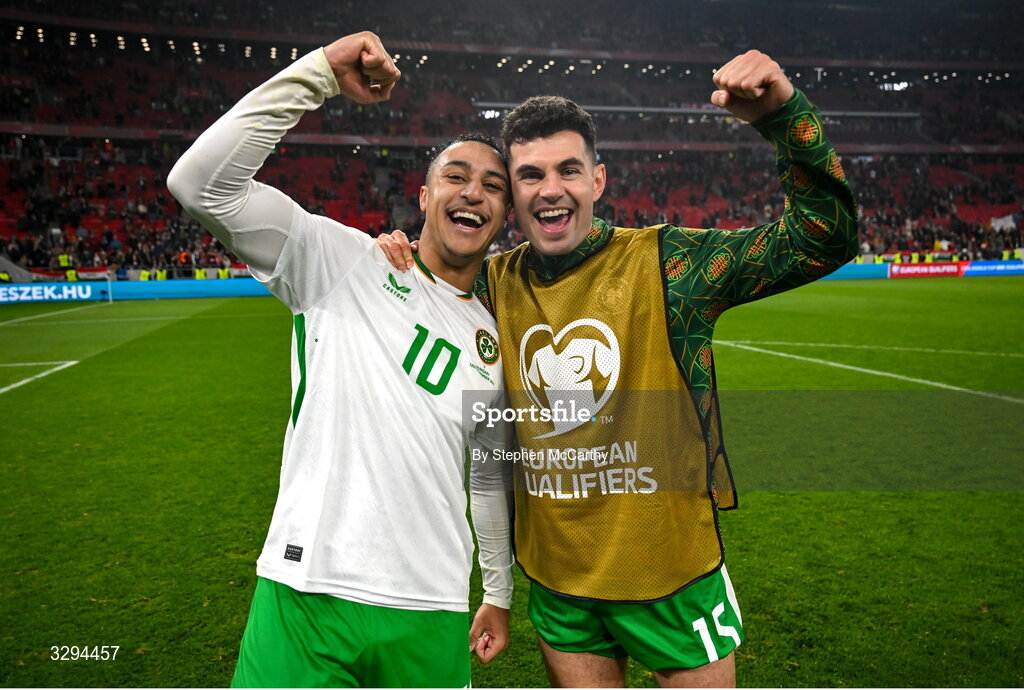 16 November 2025; Adam Idah, left, and John Egan of Republic of Ireland after the FIFA World Cup 2026 Group F Qualifier match between Hungary and Republic of Ireland at Puskás Aréna in Budapest, Hungary. Photo by Stephen McCarthy/Sportsfile