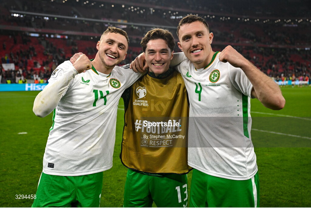16 November 2025; Jack Taylor, left, Conor Coventry, centre, and Dara O'Shea of Republic of Ireland after the FIFA World Cup 2026 Group F Qualifier match between Hungary and Republic of Ireland at Puskás Aréna in Budapest, Hungary. Photo by Stephen McCarthy/Sportsfile
