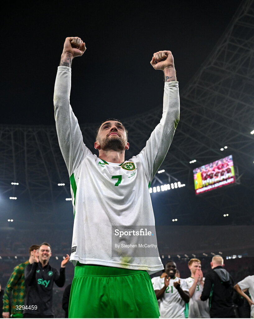 16 November 2025; Troy Parrott of Republic of Ireland celebrates after the FIFA World Cup 2026 Group F Qualifier match between Hungary and Republic of Ireland at Puskás Aréna in Budapest, Hungary. Photo by Stephen McCarthy/Sportsfile