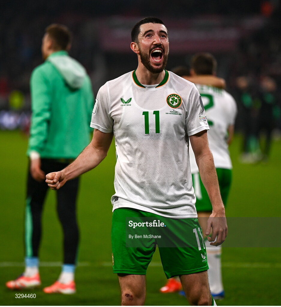 16 November 2025; Finn Azaz of Republic of Ireland celebrates after the FIFA World Cup 2026 Group F Qualifier match between Hungary and Republic of Ireland at Puskás Aréna in Budapest, Hungary. Photo by Ben McShane/Sportsfile