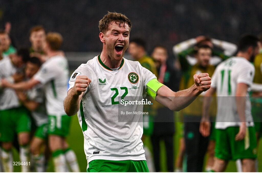 16 November 2025; Nathan Collins of Republic of Ireland celebrates after the FIFA World Cup 2026 Group F Qualifier match between Hungary and Republic of Ireland at Puskás Aréna in Budapest, Hungary. Photo by Ben McShane/Sportsfile
