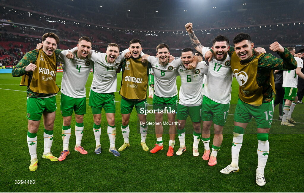 16 November 2025; Republic of Ireland players, from left, Conor Coventry, Dara O'Shea, Jack Taylor, Jamie McGrath, Jayson Molumby, Josh Cullen, Ryan Manning and John Egan celebrate after the FIFA World Cup 2026 Group F Qualifier match between Hungary and Republic of Ireland at Puskás Aréna in Budapest, Hungary. Photo by Stephen McCarthy/Sportsfile