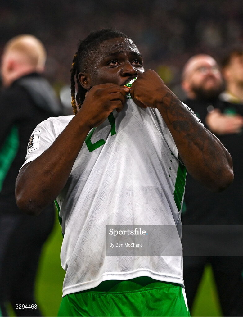 16 November 2025; Festy Ebosele of Republic of Ireland celebrates after the FIFA World Cup 2026 Group F Qualifier match between Hungary and Republic of Ireland at Puskás Aréna in Budapest, Hungary. Photo by Ben McShane/Sportsfile