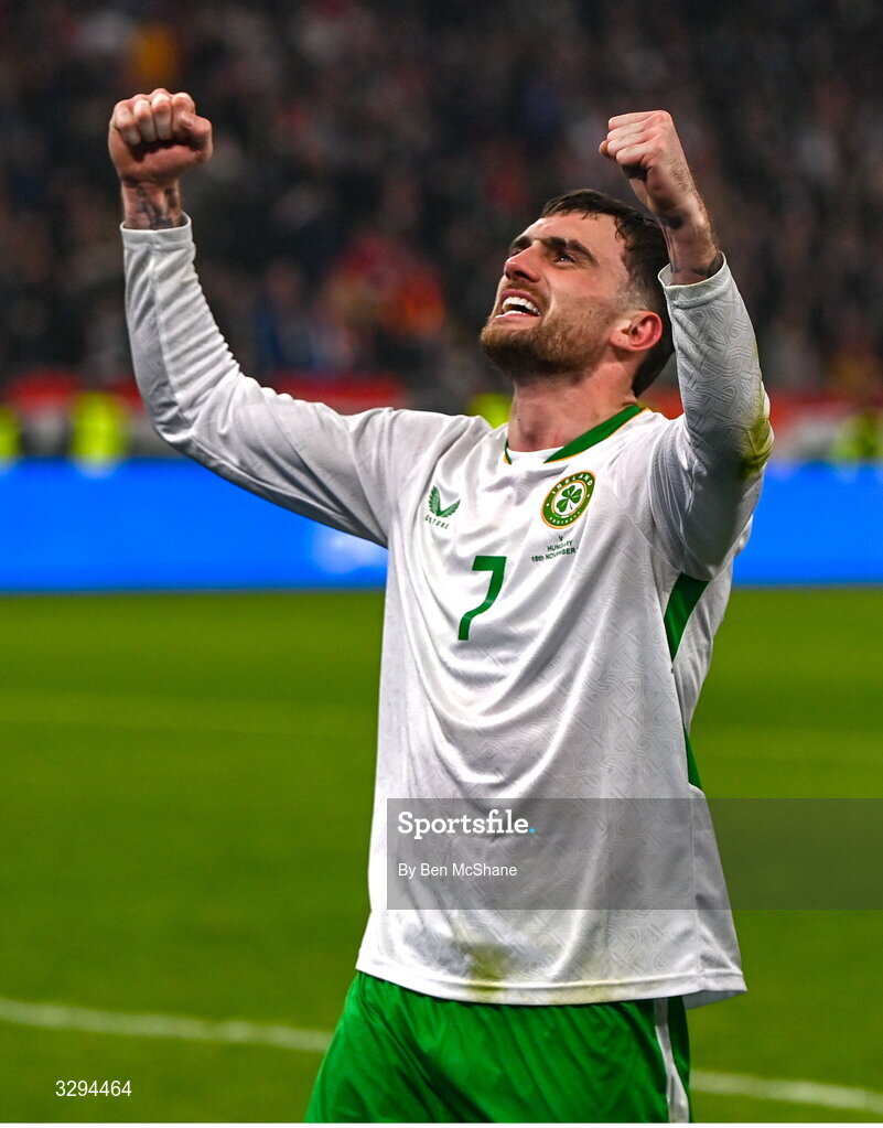 16 November 2025; Troy Parrott of Republic of Ireland celebrates after the FIFA World Cup 2026 Group F Qualifier match between Hungary and Republic of Ireland at Puskás Aréna in Budapest, Hungary. Photo by Ben McShane/Sportsfile
