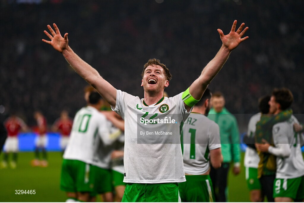 16 November 2025; Nathan Collins of Republic of Ireland celebrates after the FIFA World Cup 2026 Group F Qualifier match between Hungary and Republic of Ireland at Puskás Aréna in Budapest, Hungary. Photo by Ben McShane/Sportsfile