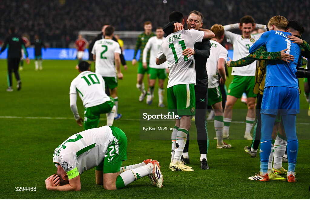 16 November 2025; Nathan Collins of Republic of Ireland reacts after his side's victory in the FIFA World Cup 2026 Group F Qualifier match between Hungary and Republic of Ireland at Puskás Aréna in Budapest, Hungary. Photo by Ben McShane/Sportsfile