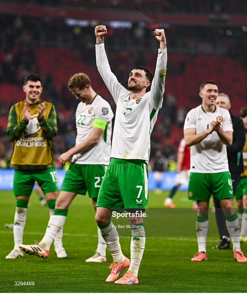 16 November 2025; Troy Parrott of Republic of Ireland celebrates after the FIFA World Cup 2026 Group F Qualifier match between Hungary and Republic of Ireland at Puskás Aréna in Budapest, Hungary. Photo by Ben McShane/Sportsfile