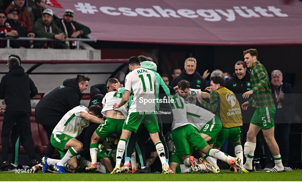16 November 2025; Republic of Ireland players celebrate their side's third goal, scored by Troy Parrott, the FIFA World Cup 2026 Group F Qualifier match between Hungary and Republic of Ireland at Puskás Aréna in Budapest, Hungary. Photo by Ben McShane/Sportsfile
