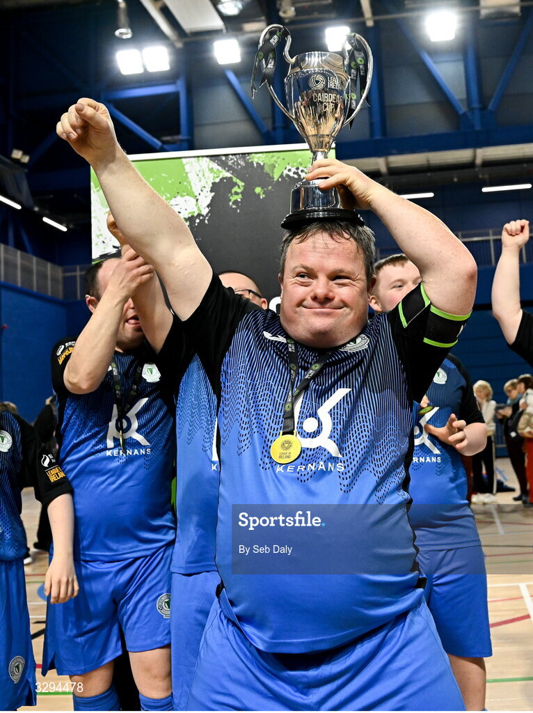 16 November 2025; Finn Harps captain Hughie Sweeney lifts the premiership cup after his side's victory at the LOI Cairdeas Cup Festival match between TEAM and TEAM at the National Indoor Arena on the Sport Ireland Campus in Dublin. Photo by Seb Daly/Sportsfile