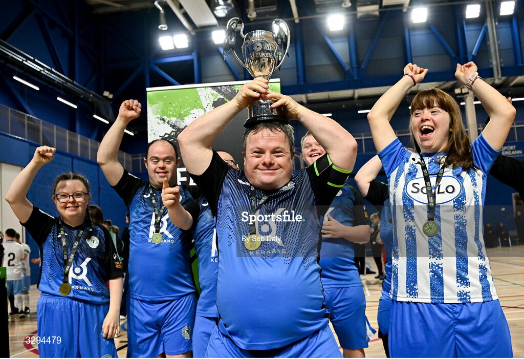 16 November 2025; Finn Harps captain Hughie Sweeney lifts the premiership cup after his side's victory at the LOI Cairdeas Cup Festival match between TEAM and TEAM at the National Indoor Arena on the Sport Ireland Campus in Dublin. Photo by Seb Daly/Sportsfile