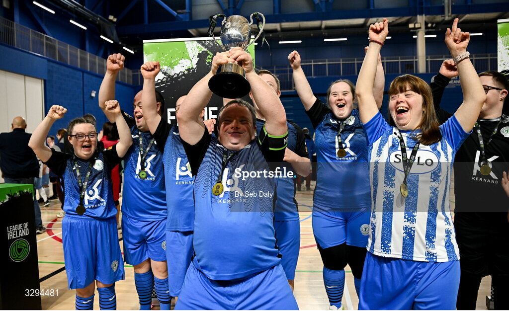 16 November 2025; Finn Harps captain Hughie Sweeney lifts the premiership cup after his side's victory at the LOI Cairdeas Cup Festival match between TEAM and TEAM at the National Indoor Arena on the Sport Ireland Campus in Dublin. Photo by Seb Daly/Sportsfile