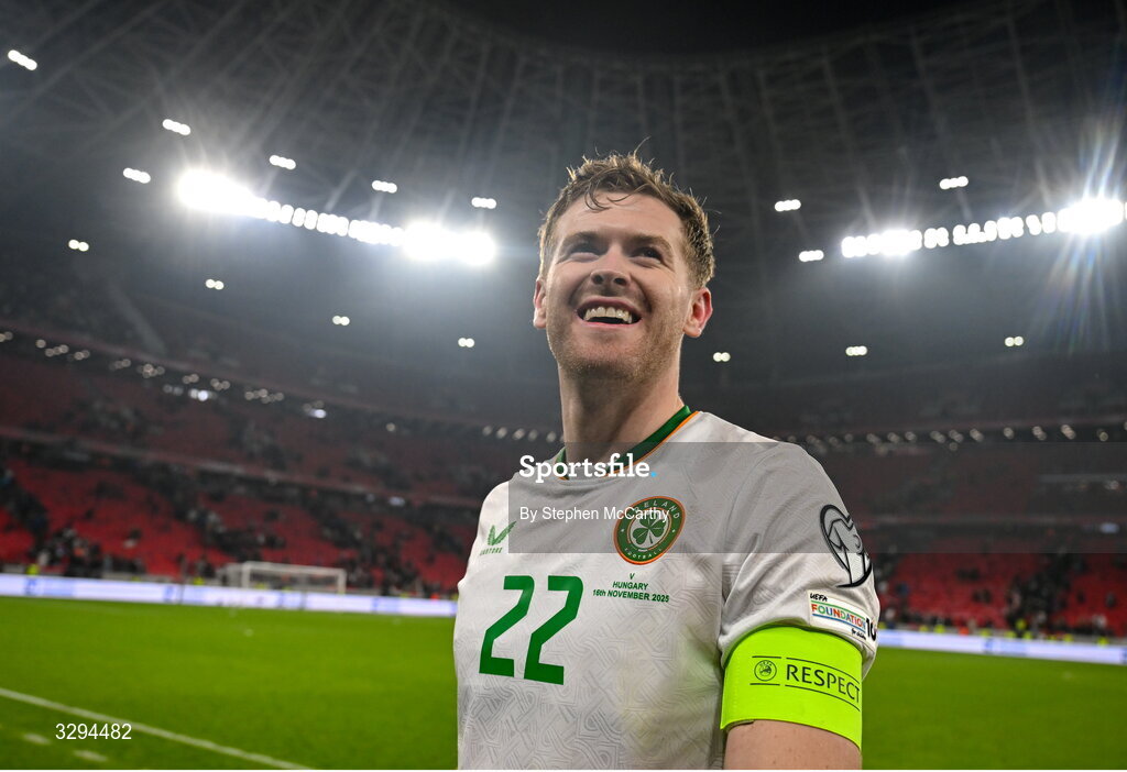 16 November 2025; Nathan Collins of Republic of Ireland celebrates after the FIFA World Cup 2026 Group F Qualifier match between Hungary and Republic of Ireland at Puskás Aréna in Budapest, Hungary. Photo by Stephen McCarthy/Sportsfile