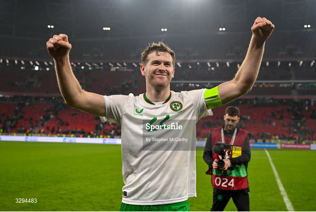 16 November 2025; Nathan Collins of Republic of Ireland celebrates after the FIFA World Cup 2026 Group F Qualifier match between Hungary and Republic of Ireland at Puskás Aréna in Budapest, Hungary. Photo by Stephen McCarthy/Sportsfile