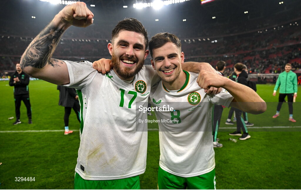 16 November 2025; Ryan Manning, left, and Jayson Molumby of Republic of Ireland celebrate after the FIFA World Cup 2026 Group F Qualifier match between Hungary and Republic of Ireland at Puskás Aréna in Budapest, Hungary. Photo by Stephen McCarthy/Sportsfile