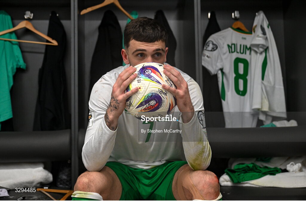 16 November 2025; Troy Parrott of Republic of Ireland kisses the match ball after scoring a hat-trick in the FIFA World Cup 2026 Group F Qualifier match between Hungary and Republic of Ireland at Puskás Aréna in Budapest, Hungary. Photo by Stephen McCarthy/Sportsfile
