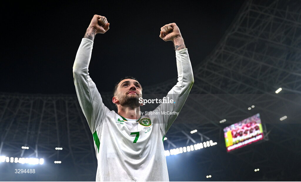 16 November 2025; Troy Parrott of Republic of Ireland celebrates after the FIFA World Cup 2026 Group F Qualifier match between Hungary and Republic of Ireland at Puskás Aréna in Budapest, Hungary. Photo by Stephen McCarthy/Sportsfile