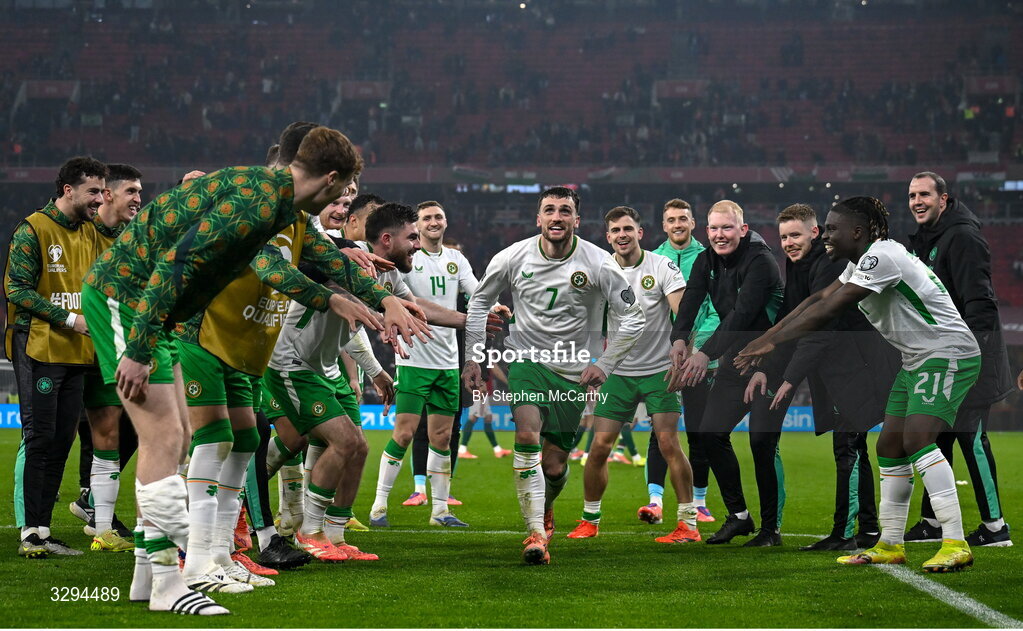 16 November 2025; Troy Parrott of Republic of Ireland celebrates with teammates after the FIFA World Cup 2026 Group F Qualifier match between Hungary and Republic of Ireland at Puskás Aréna in Budapest, Hungary. Photo by Stephen McCarthy/Sportsfile