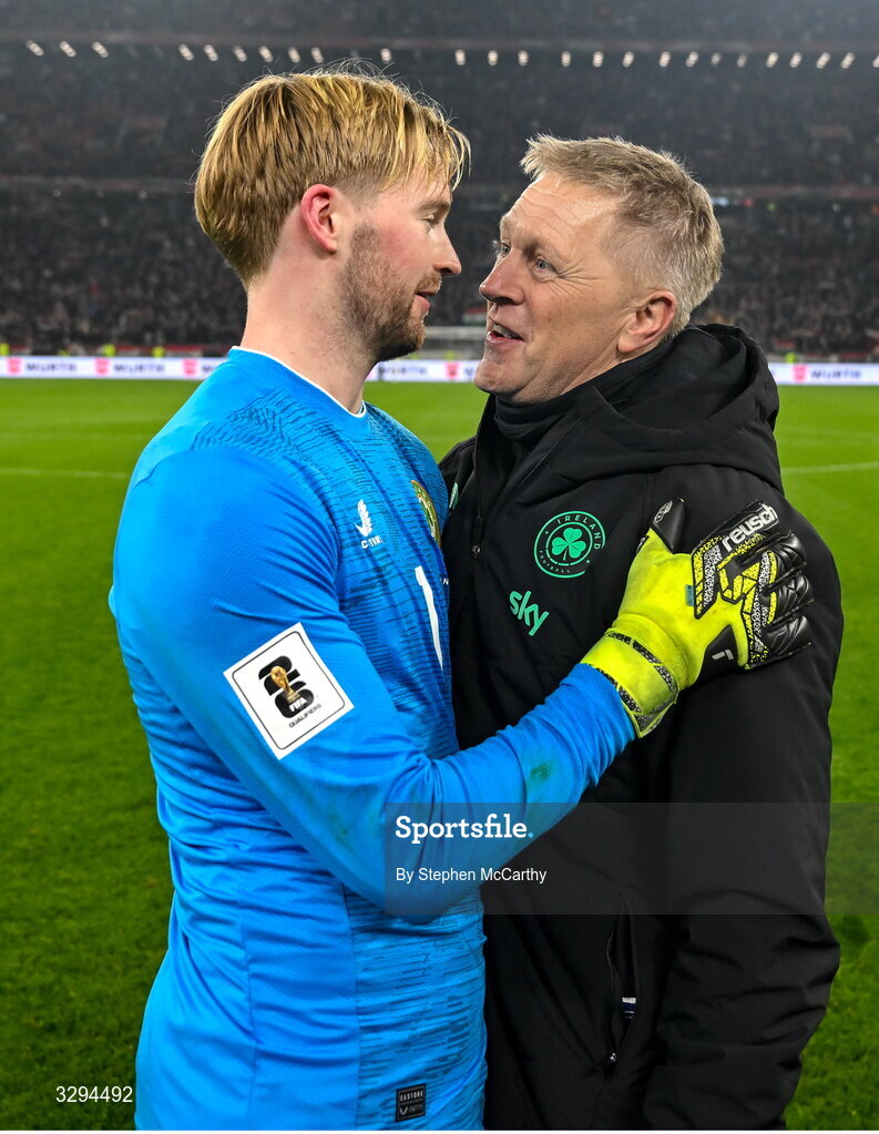 16 November 2025; Republic of Ireland head coach Heimir Hallgrimsson and Republic of Ireland goalkeeper Caoimhin Kelleher celebrate after the FIFA World Cup 2026 Group F Qualifier match between Hungary and Republic of Ireland at Puskás Aréna in Budapest, Hungary. Photo by Stephen McCarthy/Sportsfile