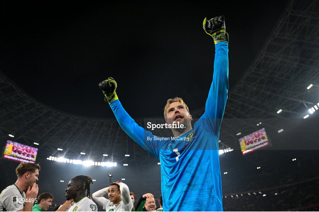 16 November 2025; Republic of Ireland goalkeeper Caoimhin Kelleher celebrates after the FIFA World Cup 2026 Group F Qualifier match between Hungary and Republic of Ireland at Puskás Aréna in Budapest, Hungary. Photo by Stephen McCarthy/Sportsfile
