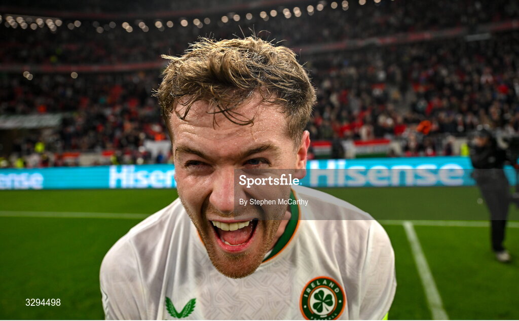16 November 2025; Nathan Collins of Republic of Ireland celebrates after the FIFA World Cup 2026 Group F Qualifier match between Hungary and Republic of Ireland at Puskás Aréna in Budapest, Hungary. Photo by Stephen McCarthy/Sportsfile