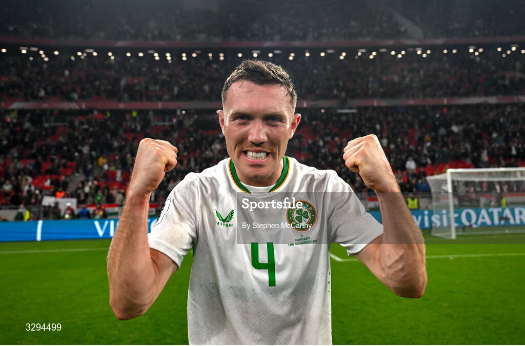 16 November 2025; Dara O'Shea of Republic of Ireland celebrates after the FIFA World Cup 2026 Group F Qualifier match between Hungary and Republic of Ireland at Puskás Aréna in Budapest, Hungary. Photo by Stephen McCarthy/Sportsfile