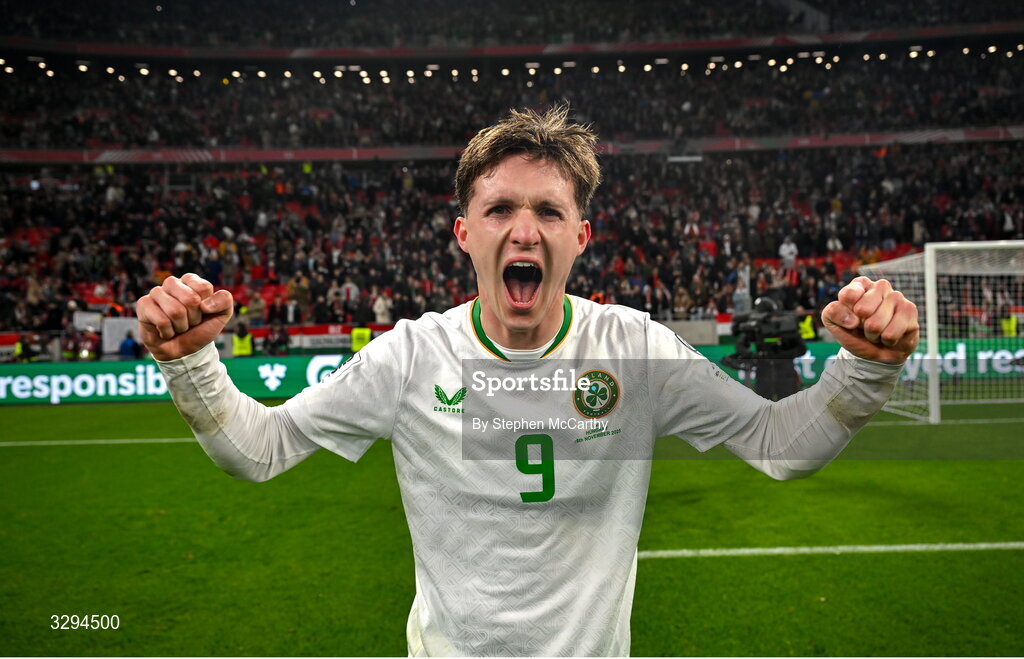 16 November 2025; Johnny Kenny of Republic of Ireland celebrates after the FIFA World Cup 2026 Group F Qualifier match between Hungary and Republic of Ireland at Puskás Aréna in Budapest, Hungary. Photo by Stephen McCarthy/Sportsfile