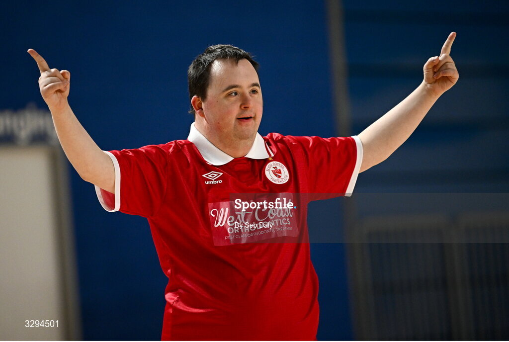 16 November 2025; Christopher Cogan of Sligo Rovers celebrates after scoring a goal during the LOI Cairdeas Cup Festival match between St Patrick's Athletic and Sligo Rovers at the National Indoor Arena on the Sport Ireland Campus in Dublin. Photo by Seb Daly/Sportsfile