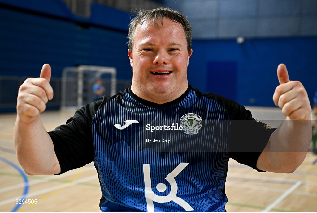 16 November 2025; Finn Harps' Hughie Sweeney celebrates during the LOI Cairdeas Cup Festival at the National Indoor Arena on the Sport Ireland Campus in Dublin. Photo by Seb Daly/Sportsfile