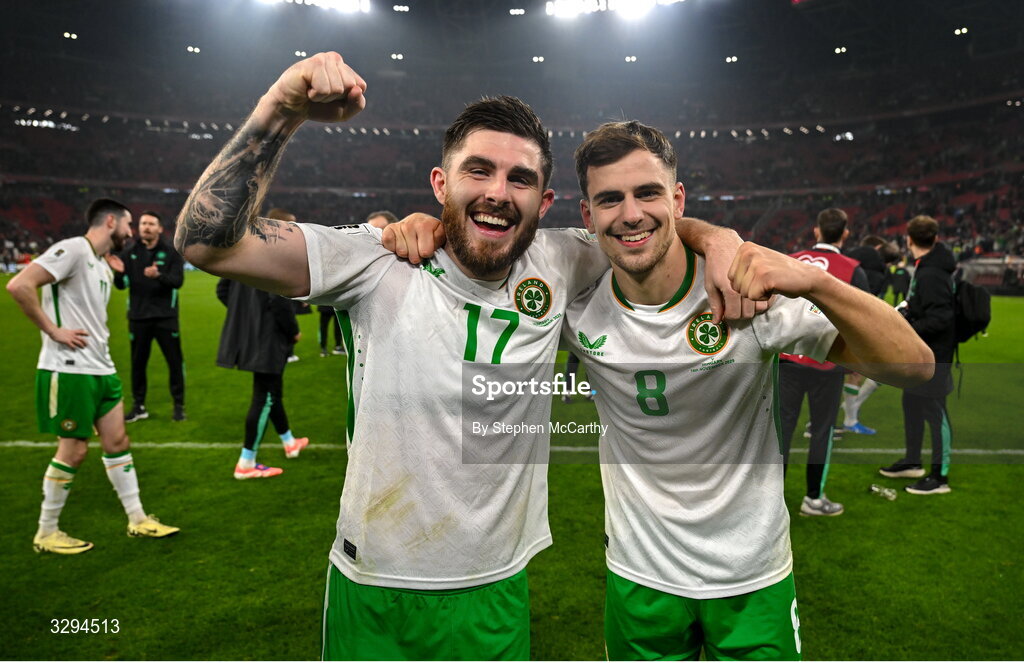 16 November 2025; Ryan Manning, left, and Jayson Molumby of Republic of Ireland celebrate after the FIFA World Cup 2026 Group F Qualifier match between Hungary and Republic of Ireland at Puskás Aréna in Budapest, Hungary. Photo by Stephen McCarthy/Sportsfile