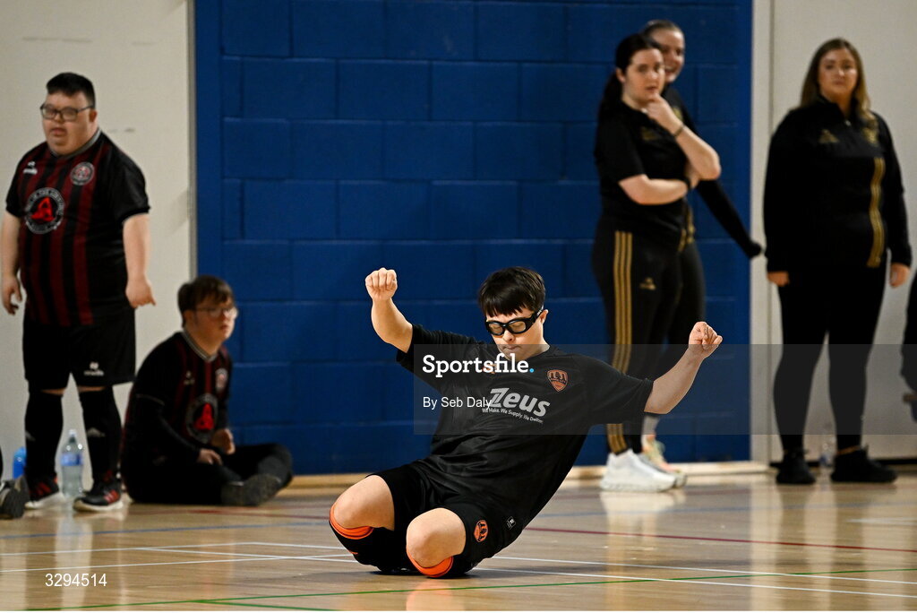 16 November 2025; Caleb Livingston of Cork City celebrates after scorign a goal during the LOI Cairdeas Cup Festival match between Cork City and Bohemians at the National Indoor Arena on the Sport Ireland Campus in Dublin. Photo by Seb Daly/Sportsfile