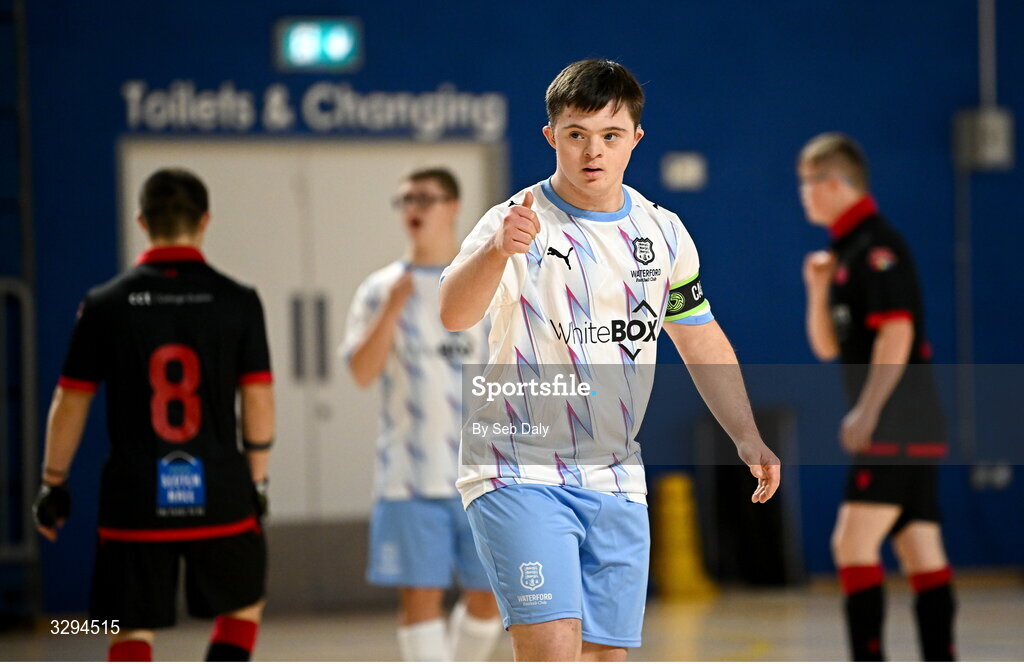 16 November 2025; Waterford captain Sean Toolin celebrates during the LOI Cairdeas Cup Festival match between Waterford and Drogheda United at the National Indoor Arena on the Sport Ireland Campus in Dublin. Photo by Seb Daly/Sportsfile