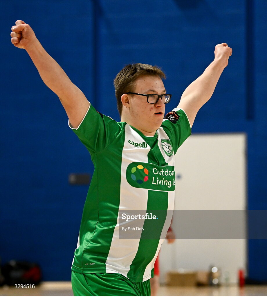 16 November 2025; Luca Donohue of Bray Wanderers celebrates after scoring a goal during the LOI Cairdeas Cup Festival match between Bray Wanderers and Shelbourne at the National Indoor Arena on the Sport Ireland Campus in Dublin. Photo by Seb Daly/Sportsfile