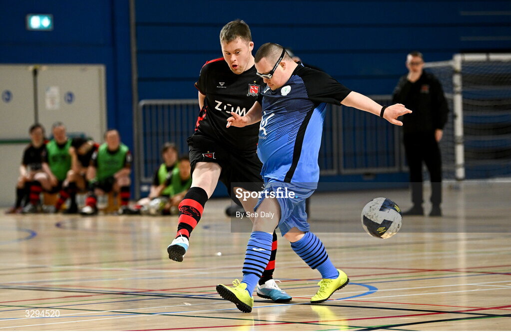 16 November 2025; Jamie Linden of Dundalk in action against Daniel O'Reilly during the LOI Cairdeas Cup Festival at the National Indoor Arena on the Sport Ireland Campus in Dublin. Photo by Seb Daly/Sportsfile