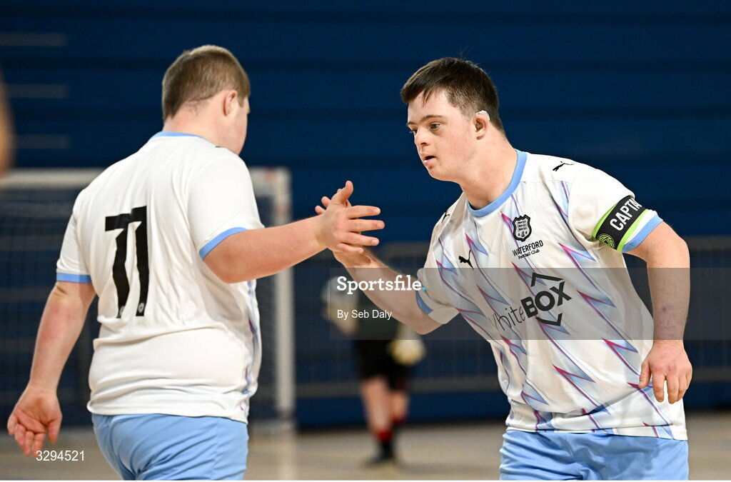 16 November 2025; Waterford players Sean Toolin, right, and Gary Treen during the LOI Cairdeas Cup Festival match between Waterford and Drogheda United at the National Indoor Arena on the Sport Ireland Campus in Dublin. Photo by Seb Daly/Sportsfile