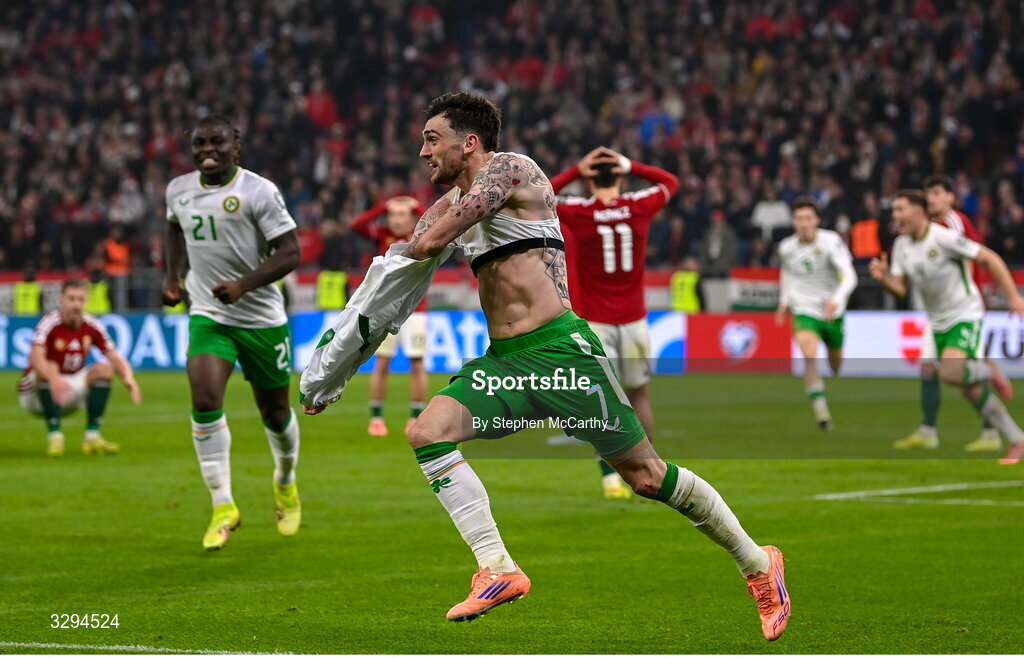 16 November 2025; Troy Parrott of Republic of Ireland celebrates after scoring his side's third goal during the FIFA World Cup 2026 Group F Qualifier match between Hungary and Republic of Ireland at Puskás Aréna in Budapest, Hungary. Photo by Stephen McCarthy/Sportsfile