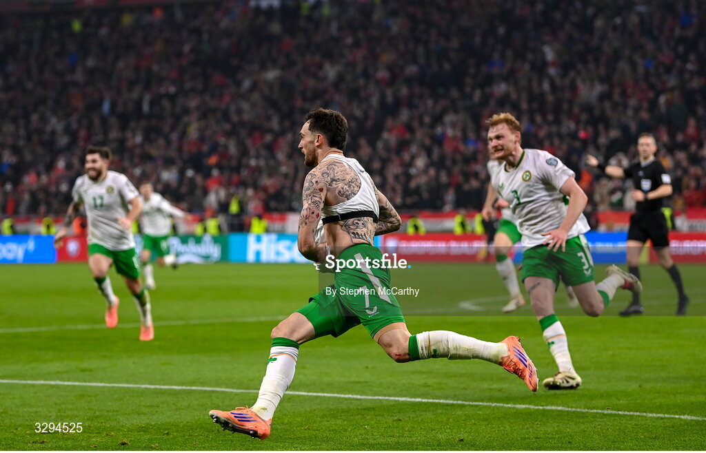 16 November 2025; Troy Parrott of Republic of Ireland celebrates after scoring his side's third goal during the FIFA World Cup 2026 Group F Qualifier match between Hungary and Republic of Ireland at Puskás Aréna in Budapest, Hungary. Photo by Stephen McCarthy/Sportsfile