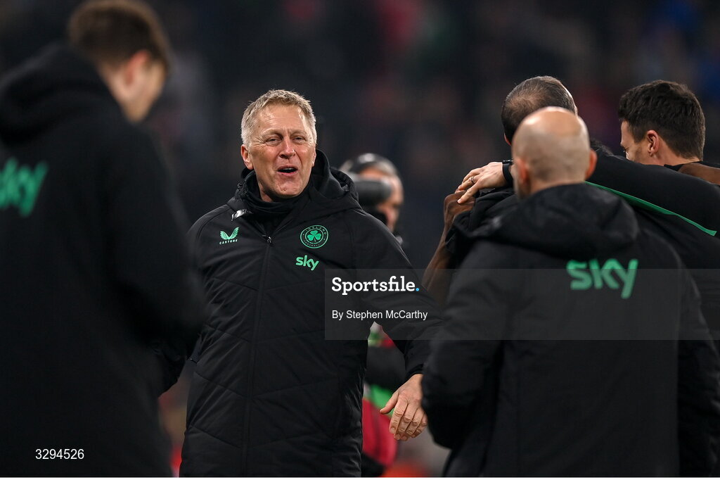 16 November 2025; Republic of Ireland head coach Heimir Hallgrimsson celebrates his side's third goal, scored by Troy Parrott, during the FIFA World Cup 2026 Group F Qualifier match between Hungary and Republic of Ireland at Puskás Aréna in Budapest, Hungary. Photo by Stephen McCarthy/Sportsfile