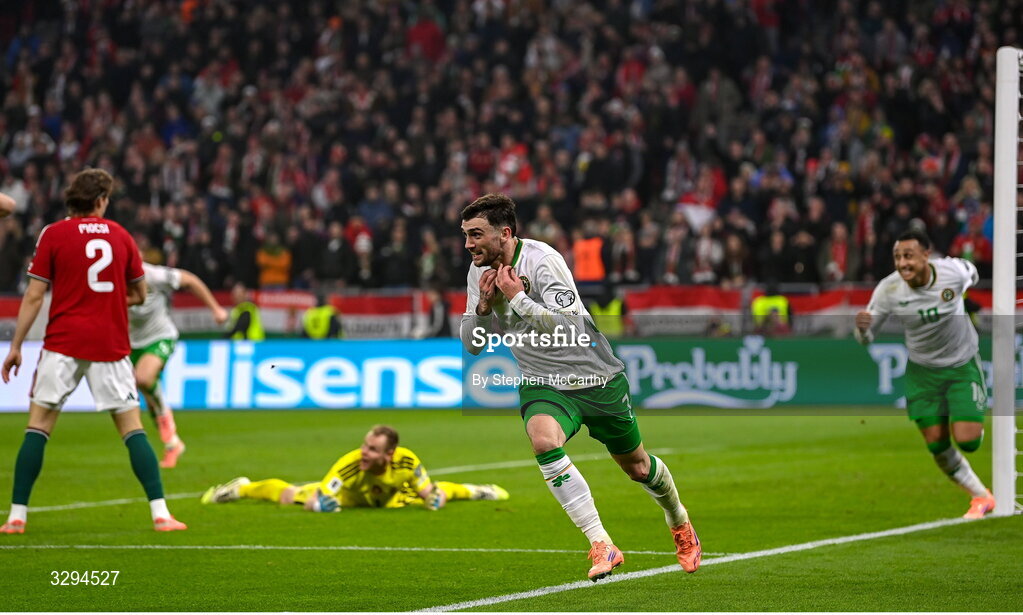 16 November 2025; Troy Parrott of Republic of Ireland celebrates after scoring his side's third goal during the FIFA World Cup 2026 Group F Qualifier match between Hungary and Republic of Ireland at Puskás Aréna in Budapest, Hungary. Photo by Stephen McCarthy/Sportsfile