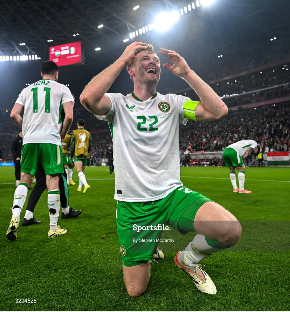 16 November 2025; Nathan Collins of Republic of Ireland celebrates after the FIFA World Cup 2026 Group F Qualifier match between Hungary and Republic of Ireland at Puskás Aréna in Budapest, Hungary. Photo by Stephen McCarthy/Sportsfile
