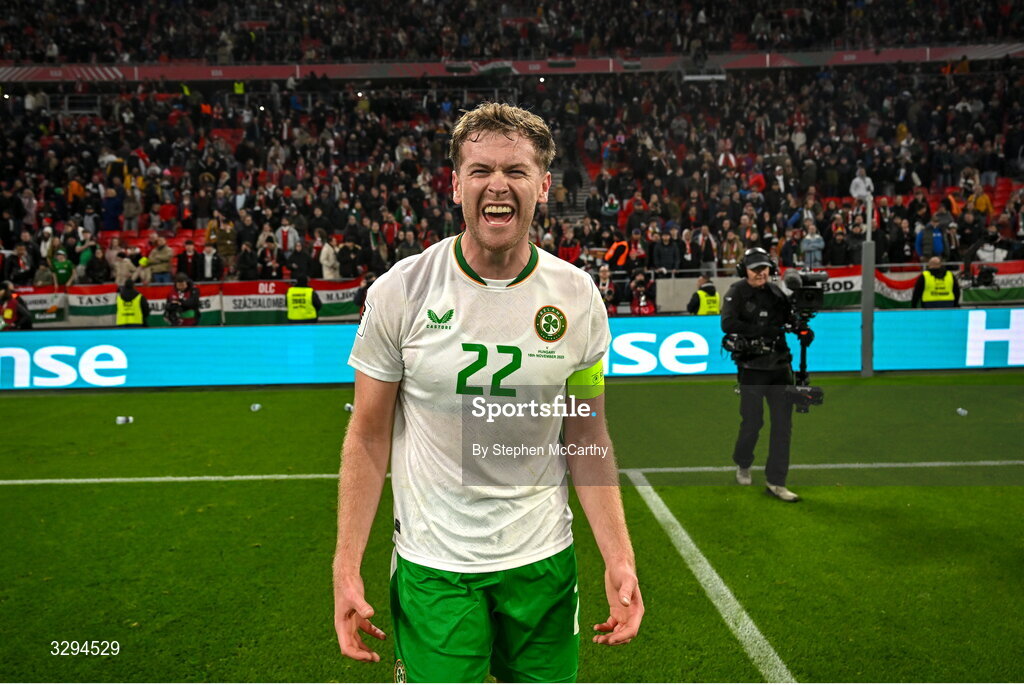 16 November 2025; Nathan Collins of Republic of Ireland celebrates after the FIFA World Cup 2026 Group F Qualifier match between Hungary and Republic of Ireland at Puskás Aréna in Budapest, Hungary. Photo by Stephen McCarthy/Sportsfile